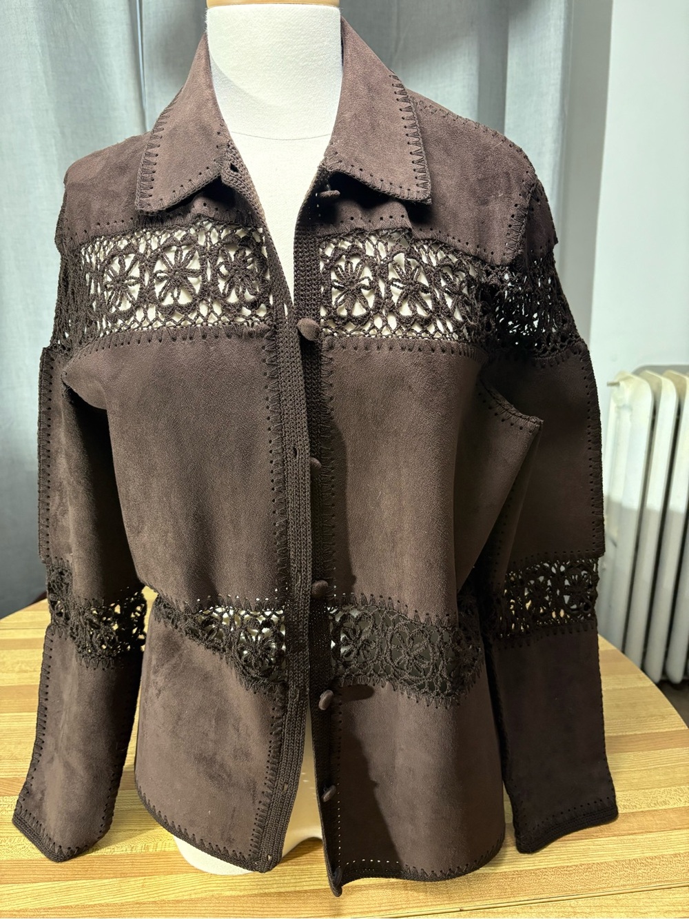Vintage Ralph Lauren Brown Faux Suede Jacket with Crochet Trim